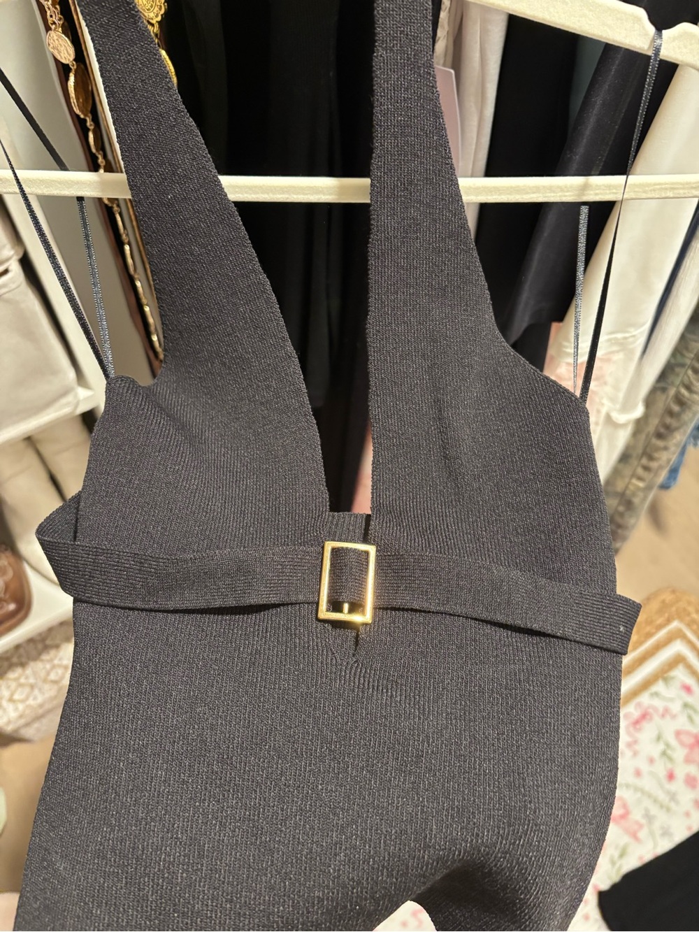 URBAN OUTFITTERS NEW Black Knit V-Neck Halter Top with Gold Buckle